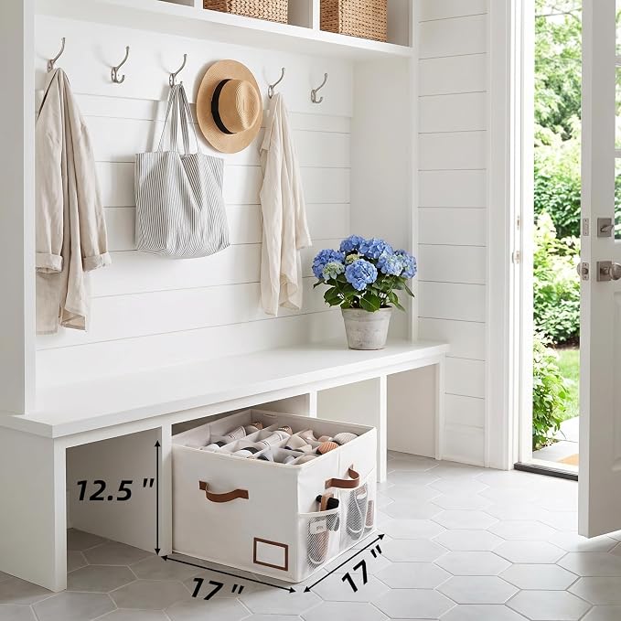 StorageWorks Shoe Organizer for Closet, Shoe Storage Bins with Clear Lid, Fabric Shoe Boxes with Side Mesh Pockets, Closet and Storage Bins for Slippers and Flats, Holds Up to 16 Pairs, Beige