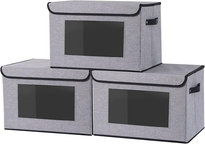 Gray Storage Baskets with Lid,Closet Bin,15x9.8x9.8in,3Pack | Fabric Storage Bin with Handles,Portable Decorative Box for Clothes,Hat, Books,Shelf Baskets,Closet Organizers for Bedroom