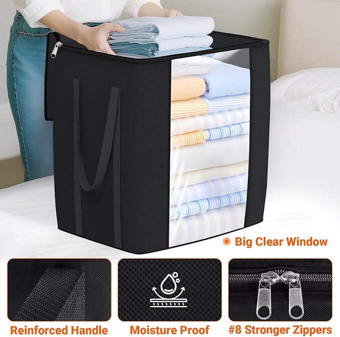 TasticTotes 120L Extra Large Clothes Storage Bags, Foldable Blanket Storage and Organization, Thick Fabric Containers with Reinforced Handles & Zippers for Clothing, Comforters, Bedding, Black, 4 Pack