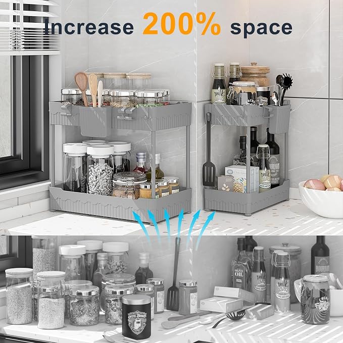 Sevenblue 2 Pack Under Sink Organizer, Under Bathroom Cabinet Organizer with Hooks Hanging Cup, Multi-Purpose Storage Shelf for Kitchen Bathroom (Gray, 14.8 Inch)