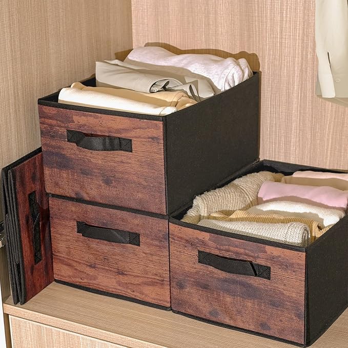 JAKAGO Fabric Storage Bins set of 4 Rectangle Storage Baskets with Handle Foldable Closet Organizer for Clothes Towel bedding Books Collapsible Clothing Container for Shelves Bedroom(Wood High)