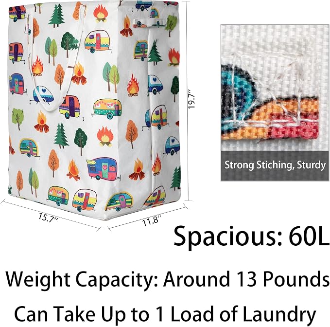Kay&J Collapsible 60L Laundry Basket, Slim and Tall Laundry Hamper, Long Handles for Portability, Great for Home and Camper Use, Camper Gift RV Travel Trailer Camper Accessories