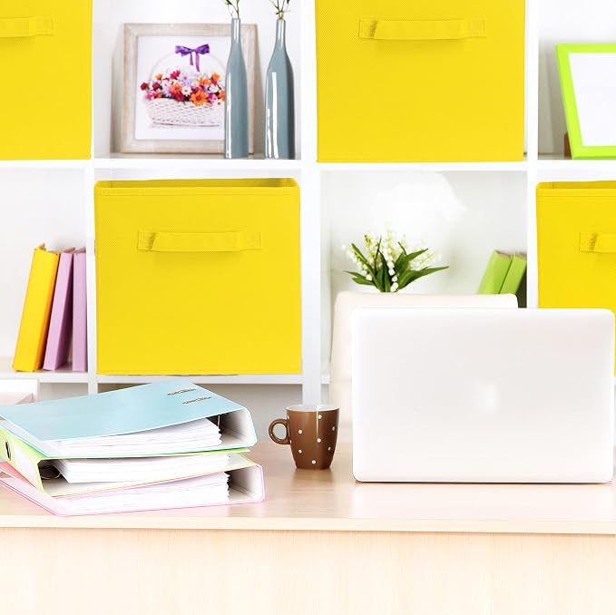 Simple Houseware Foldable Cube Storage Bins, 11-Inch Yellow, 6-Pack Fabric Cubes Organizer for Closet or Shelves
