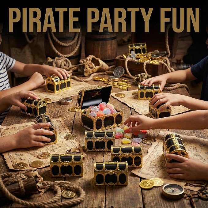 DECHOUS 12Pcs Kids Pirate Treasure Chest Box: Mini Treasure Box for Boys & Girls - Small Plastic Pirate Chest Toy for Party Favor Birthday Theme Decoration, 3 Inch