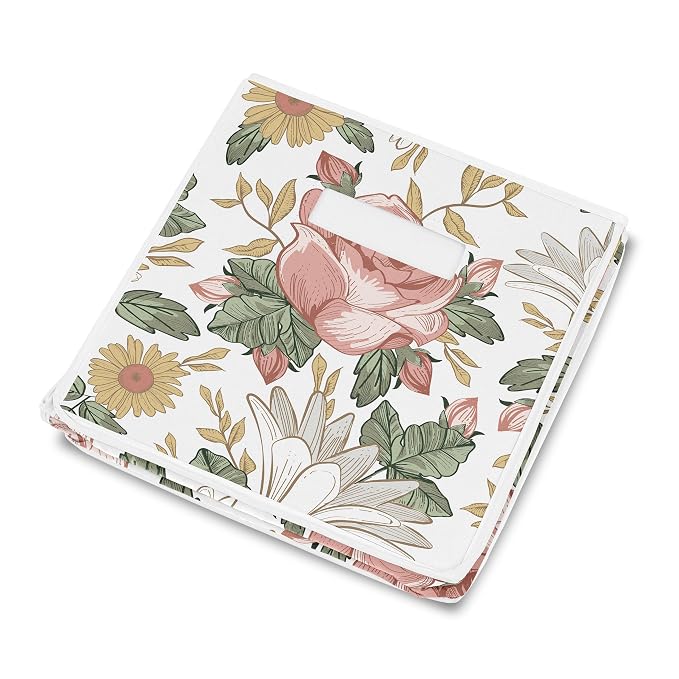 Sweet Jojo Designs Vintage Floral Boho Girl Small Fabric Toy Bin Storage Box Chest for Baby Nursery or Kids Room - Blush Pink, Yellow and Green Shabby Chic Rose Flower Farmhouse