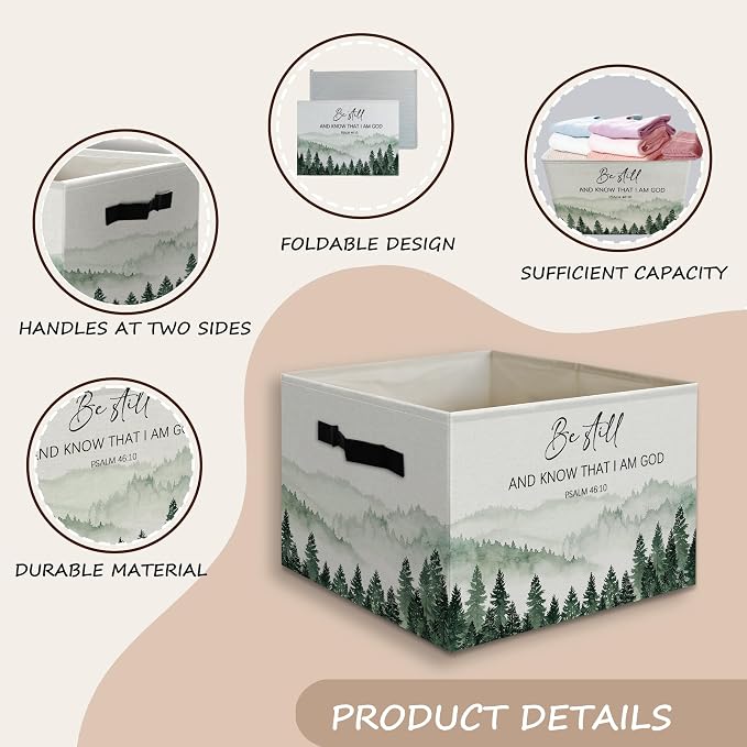 Forest Christian Basket Foldable Storage Bins Box with Handles, Be Still and Know That I Am God Bible Verse Religious Collapsible Organizer Basket for Christian Home Room Clothes Toys Books