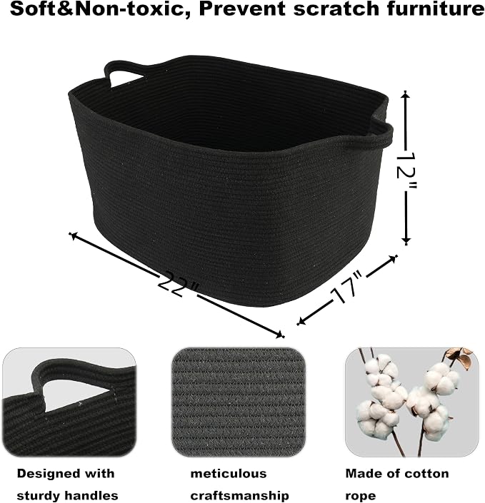 XUANGUO Large Rectangle Blankets Basket Living Room 22"x17"x12" Woven Cotton Rope Storage Baskets for Nursery Toy Baskets for Kids and Dogs Wicker Laundry Basket Bin for Clothes Towels black