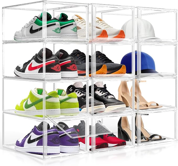 2 Pack Drop-Front Clear Shoe Storage Box Acrylic Box Shoe Organizer Size 12, Stackable Shoe Tower with Magnetic Door Storage Cubbies for Sneaker Containers Boot Display & Closet Organization