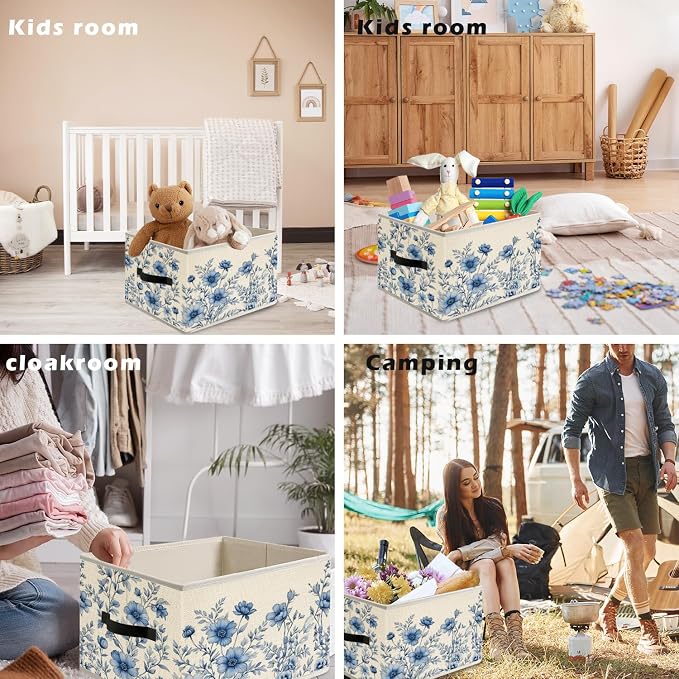 Blue and White Vintage Floral Storage Bin Box with Handles, Grandmillennial Flower Botanical Foldable Organizer Basket Toybox for Girls Dorm Bedroom Bathroom Clothes Toys Books