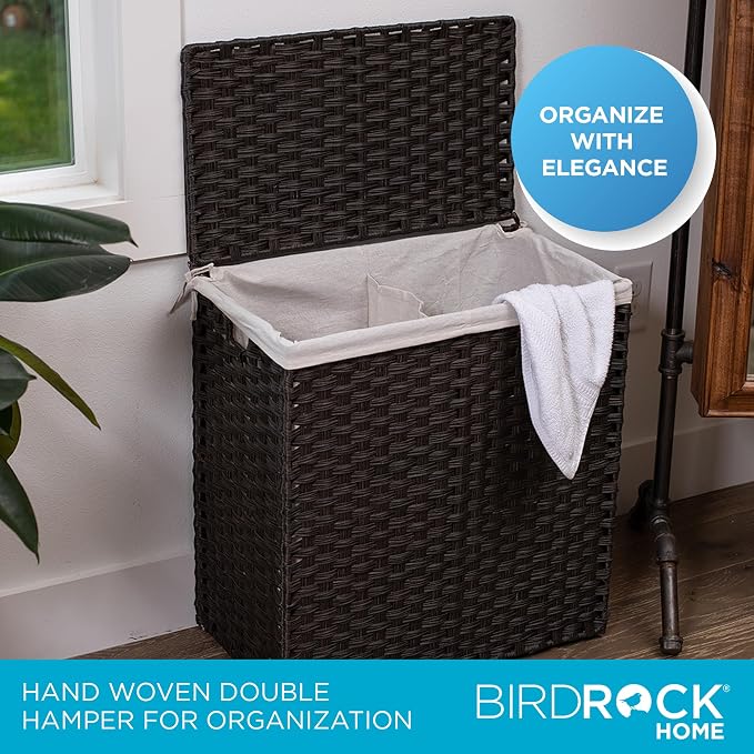BIRDROCK HOME Divided Laundry Hamper with Lid - Brown - Double Sorter with Liner Bags - Large Collapsible Hampers - Foldable Bin - Synthetic PE Rattan - Hand Woven - Clothes Basket