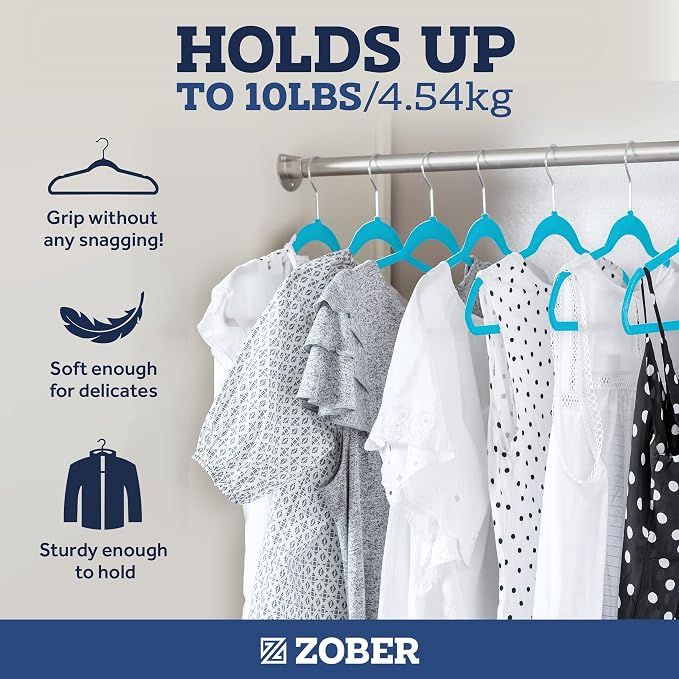 ZOBER Turquoise Velvet Hangers 50 Pack - Clothes Hangers, Coat Hanger for Pants & Dress Clothes - Non Slip w/ 360 Degree Swivel, Holds up to 10 lbs - Strong Felt Hanger for Clothing