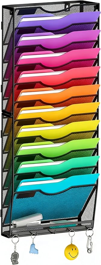 Gawerk Hanging Wall File Organizer with 5 Hooks - Wall Mounted Mail Paper Document Folder Holder, Sturdy Mesh Magazine Rack for Office Home (12+1 Tier)