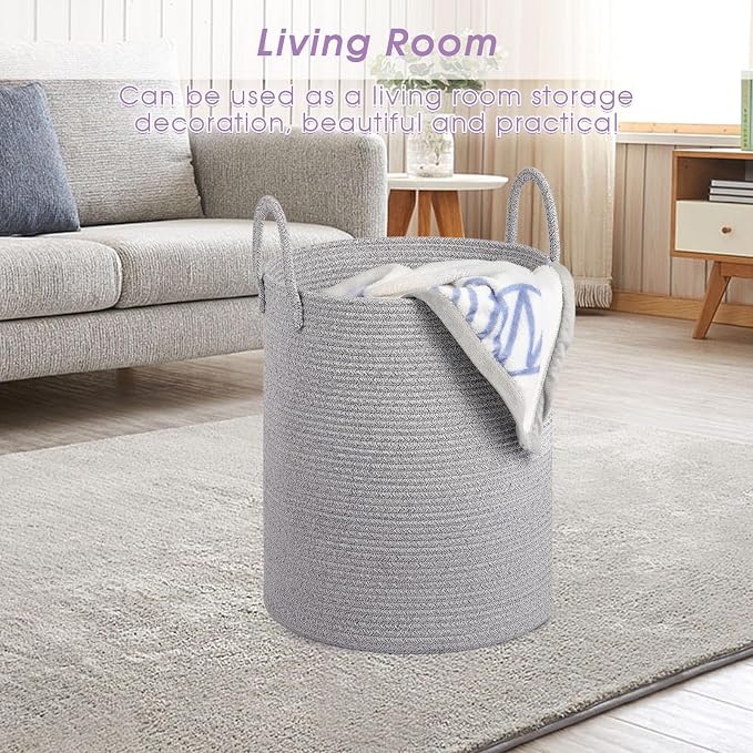 Large Laundry Basket,Laundry Hamper,15''x18'' Cotton Rope Storage Basket with Handles,Baby Hamper,Nursery Blanket Storage Living Room,Toy Basket,Kids Laundry Basket(Light Gray)