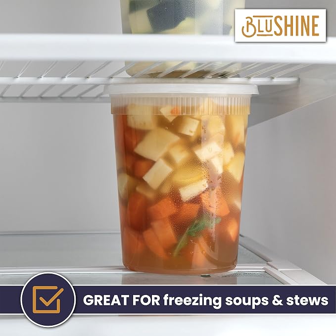 BluShine Deli Containers with Lids, Plastic Food Storage Containers | 32 oz, 24 sets Plastic Deli Food Storage Containers with Airtight Leak Proof Lids, Reusable, Microwave and Freezer Safe