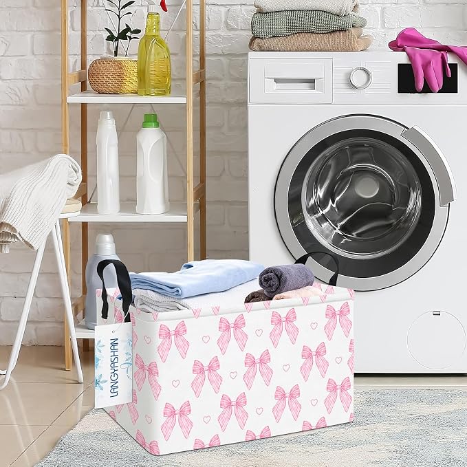 Rectangular Collapsible Pink Bowknot Storage Basket Organizer | Storage Bin Foldable Canvas with Handles for Organizing Home Kitchen Children Toys Office Closet Shelf Baskets