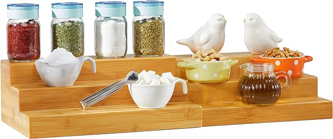 RoyalHouse Bamboo Expandable Spice Rack Organizer, 3-Tier Adjustable Kitchen Cabinet, Countertop Display Shelf, Space Organizer for Kitchen and Bathroom