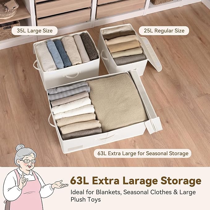 GRANNY SAYS Large Storage Bins with Lids, Decorative Storage Boxes with Double-Lids, Extra Large 63L Closet Organizer for Clothes, Toy Storage Chest, Ivory, 1-Pack