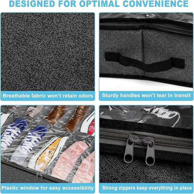Under Bed Shoe Storage Organizer for Closet, 32 Pairs Sturdy Underbed Shoe Storage Boxes Bins Container Foldable Shoes Storage with Reinforced Handles & Clear Window for College Dorms Grey, Set of 2