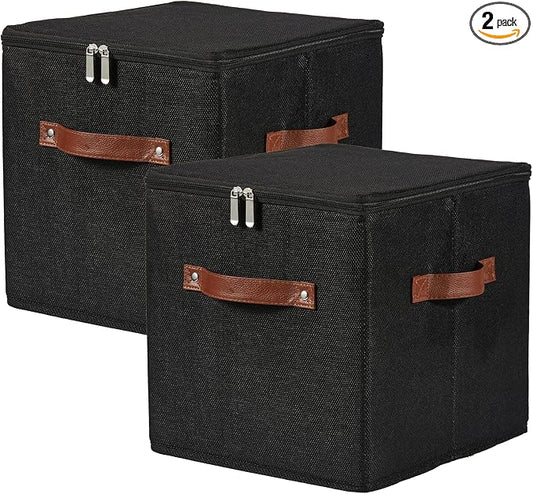 2PCS Storage Cubes with Lid Fabric Storage Bins Boxes PU Leather Handles Cotton Linen Closet Organizer Container Decorative Foldable Washable Shelf Cloth Basket (Zipper Lid, Black, 11in)