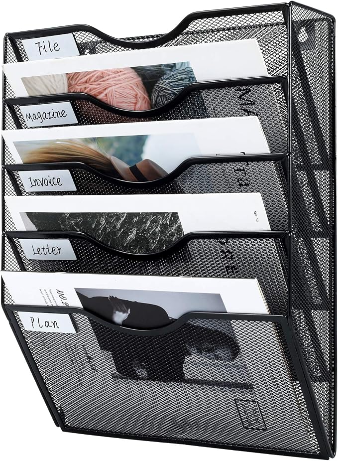 PAG Hanging Wall File Holder Mail Organizer Wall Mount Document Letter Rack, 5-Tier, Black