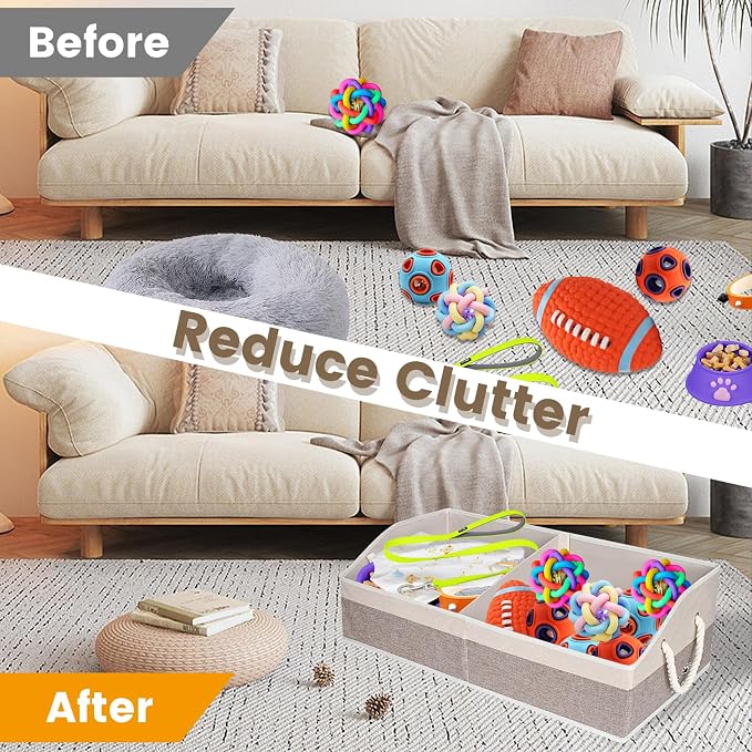 Large Dog Toy Basket with Handle, Foldable Dog Toy Box for Living Room Area , 28.5" Basket for Dog's Supplies, Organizer and Storage with Hard Board, Anti-Slip for Pet Toys (Brown, Large 28.5"×15")