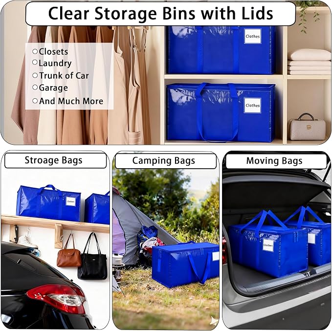 Oversized Moving Bags 6 Pack,Blue,Storage Bags with Lids,Heavy-Duty Moving Boxes with Zippers & Reinforced Handles, Storage Box for Space Saving,College Dorm,Traveling