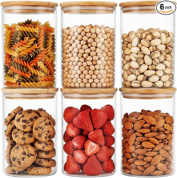 Moretoes 6Pack 1qt Glass Storage Containers with Bamboo Lids, Airtight Pantry Storage Jars for Flour, Sugar, Dry Goods