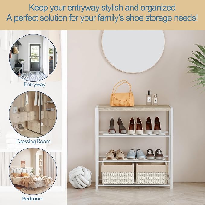 Yusong Shoe Rack Organizer, 4 Tier Industrial Shoe Storage Shelf for Closet Entryway, Narrow Sturdy Metal Shoe Shelves, White