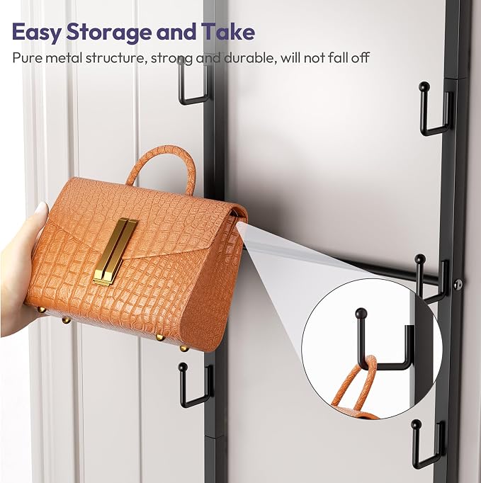 SWTYMIKI Over The Door Purse Organizer - Wall Mounted Purse Rack with 16 Hooks and Metal Basket, Handbag Hanger Organizer Holds up to 16 Bags, Bag Rack Can Use As 1/2 Part, for Door, Closet