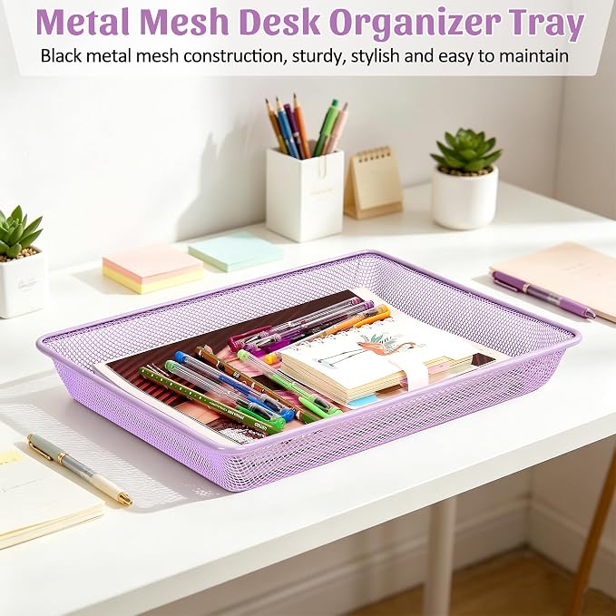 Office Metal Mesh Basket for Desk, Single Paper Tray Organizer, Turn in Trays Classroom, Flat Mail Letter Storage Basket for Office Home Drawers School (1, Purple)