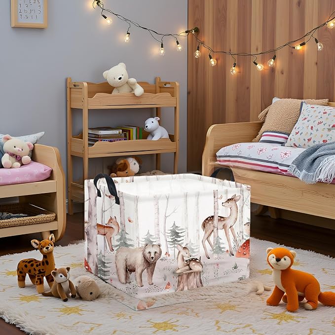 Rectangular Woodland Animal Basket Kids Baby Storage Basket Cute Storage Bin Organizer Shelf Book Woodland Room Decor(Woodland Animal)