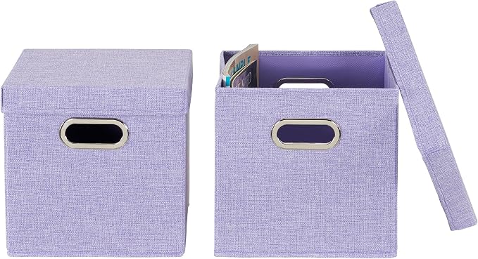 Household Essentials 814-1 Café Cube Bin Storage Set with Lids and Handles | 16 Pack, Purple Linen