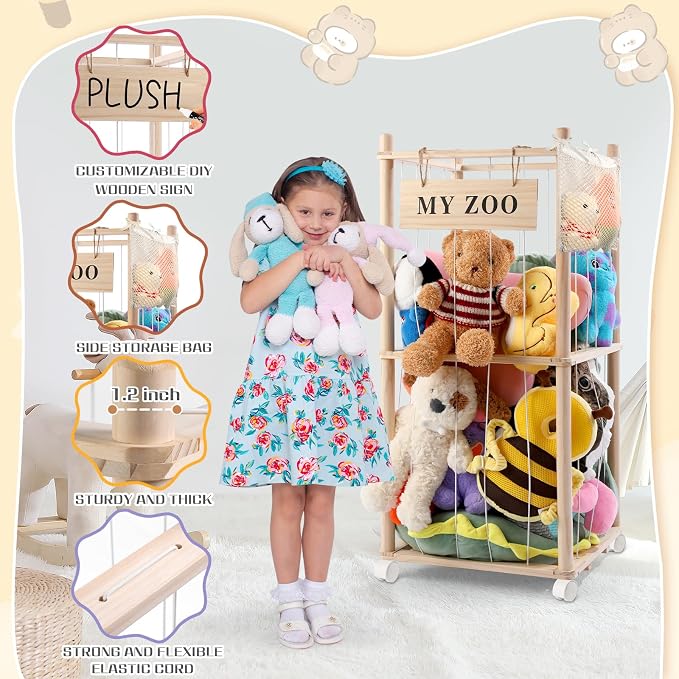 GLDZI Stuffed Animal Storage Zoo with Wheels, Wooden Stuffed Animal Organizer with Elastic Cords, Space Saving Toy Plushies Storage Holder for Playroom, Bedroom, Living Room(Burlywood, Small)