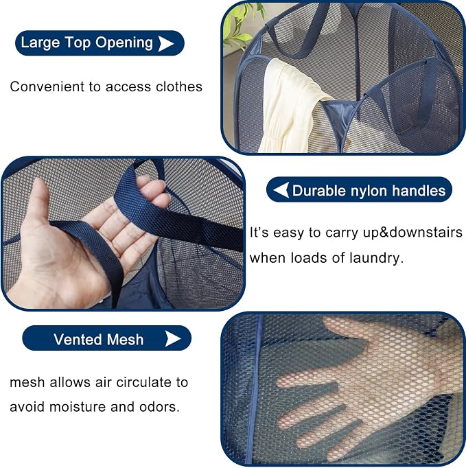 2 Pack Collapsible Pop Up Laundry Hamper, Large Capacity Mesh Laundry Basket Space Saving for Apartments, College Student Dorms, Apartment (Beige+Blue)