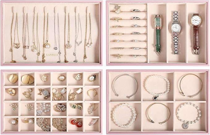LANDICI Stackable Jewelry Organizer Trays 4 Set,PU Leather Jewelry Organizer Drawer,Jewelry Storage Display Tray for Earring Necklace Rings Bracelet with Removable Dividers,Rose Gold