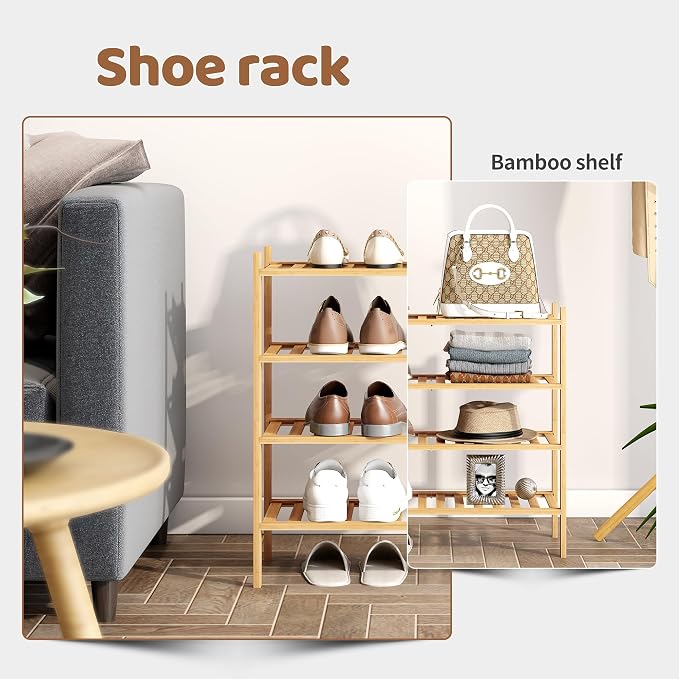 Bamboo Shoe Rack Stackable Shoe Shelf Storage Organizer for Unit Entryway Hallway and Closet Sturdy Freestanding Shoe Shelf (4 Tier Natural)