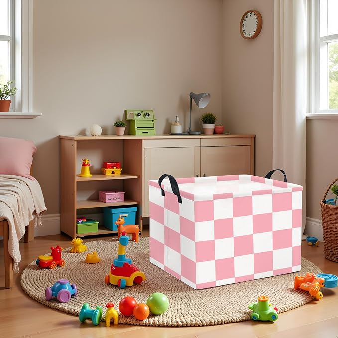 Rectangular Storage Basket for Home Kitchen Girls Cute Storage Bin Organizer Shelf Book Room Decor(Pink Checked)