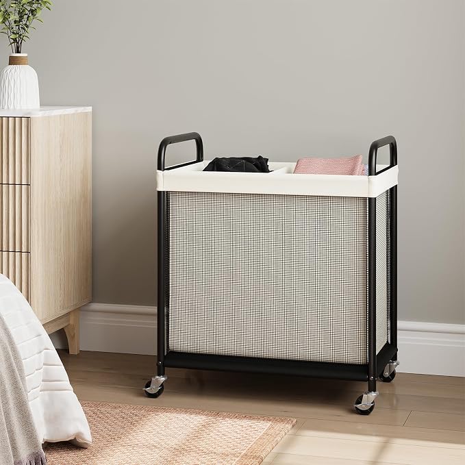 ELYKEN Laundry Hamper 2 Section, 100L Rolling Laundry Sorter with Removable Liner Bag, Laundry Basket with Wheels, Steel Frame with Metal Handle, Clothes Hamper Cart for Laundry Room & Bedroom
