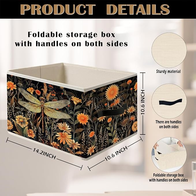 William Morris-style Vintage Dark Cottagecore Floral Dragonfly Storage Bin Box with Handles,Rustic Flower Dragonfly Foldable Organizer Basket Toybox for Girl Dorm Bedroom Bath Clothes Toys Books