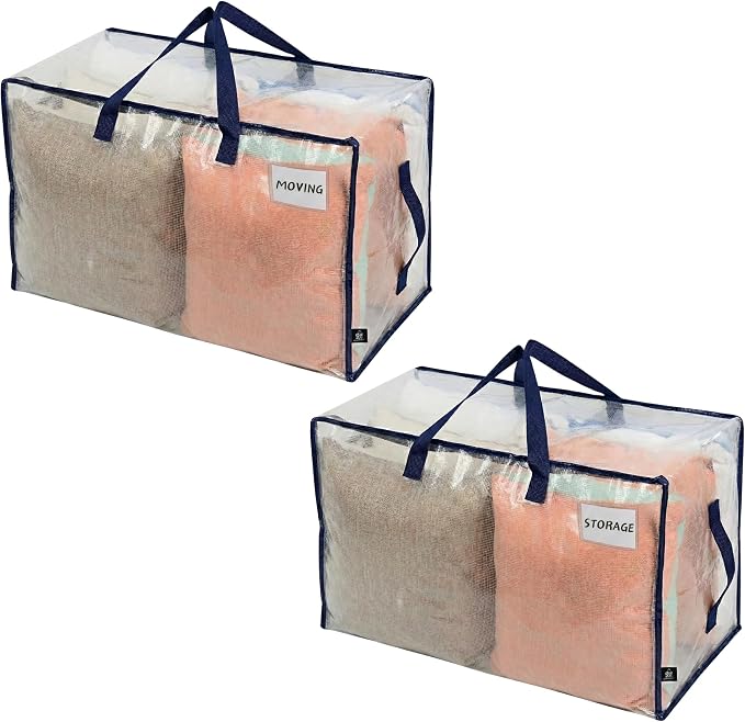 VENO 2 Pack Clear Extra Large Moving Bags & Storage Totes, Heavy Duty Organizer with Reinforced Handles & Strong Zippers for Clothes, College Dorm Essentials, Moving Supplies