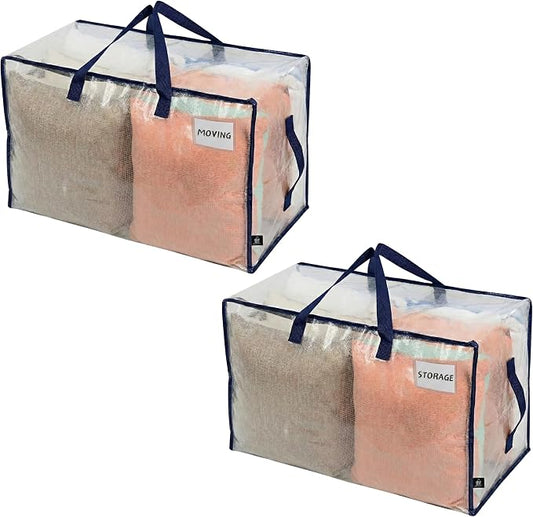 VENO 2 Pack Clear Extra Large Moving Bags & Storage Totes, Heavy Duty Organizer with Reinforced Handles & Strong Zippers for Clothes, College Dorm Essentials, Moving Supplies