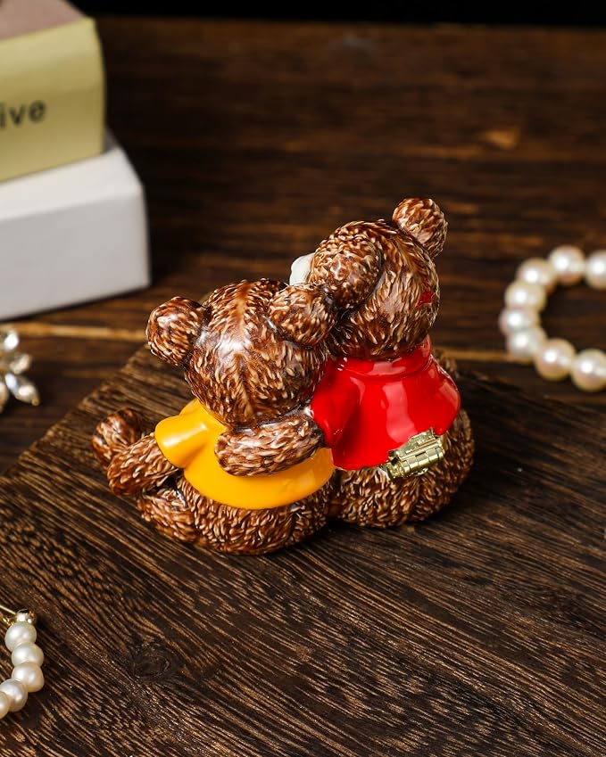 Hand Painted Trinket Box Enamel Vintage Jewelry Box Teddy Bear Gift Hinged Metal Jewelry Organizer Decorative Treasure Box Unique Valentine's Day Gifts Couple Bear B