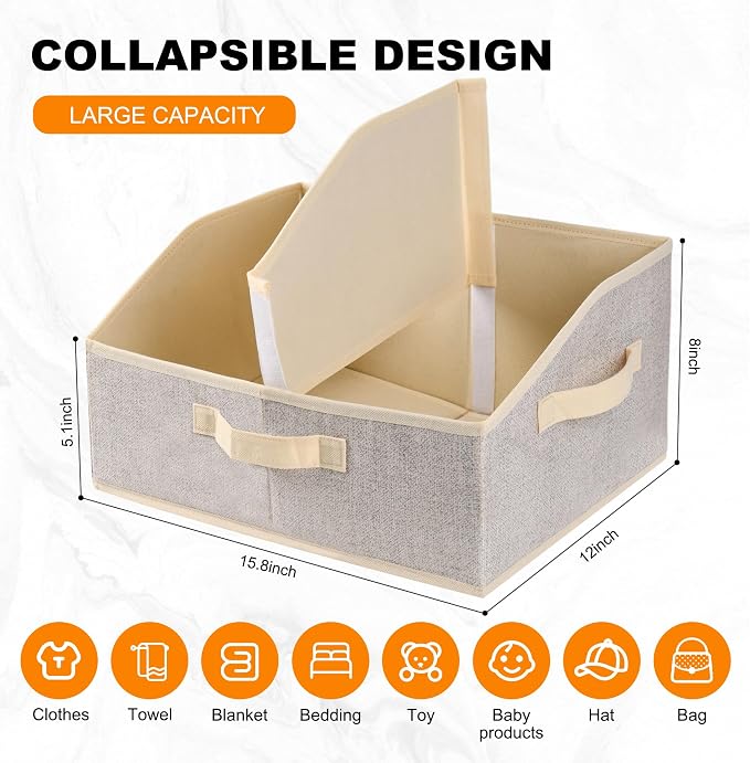Trapezoid Storage Bins 6 Pack, Closet Organizer Baskets with Divider & Handles,Fabric Shelf Organizers, Collapsible Storage Cubes for Clothes, Towels, Toys - Beige