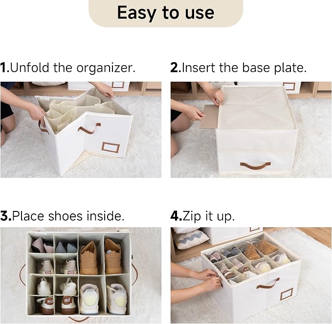 StorageWorks Shoe Organizer for Closet, 2 Pack Shoe Storage Boxes with Clear Lid, Stackable Shoe Storage Organizer for Sandals and Slippers, Fabric Shoe Bins for Closet, Holds 16–32 Pairs, Beige