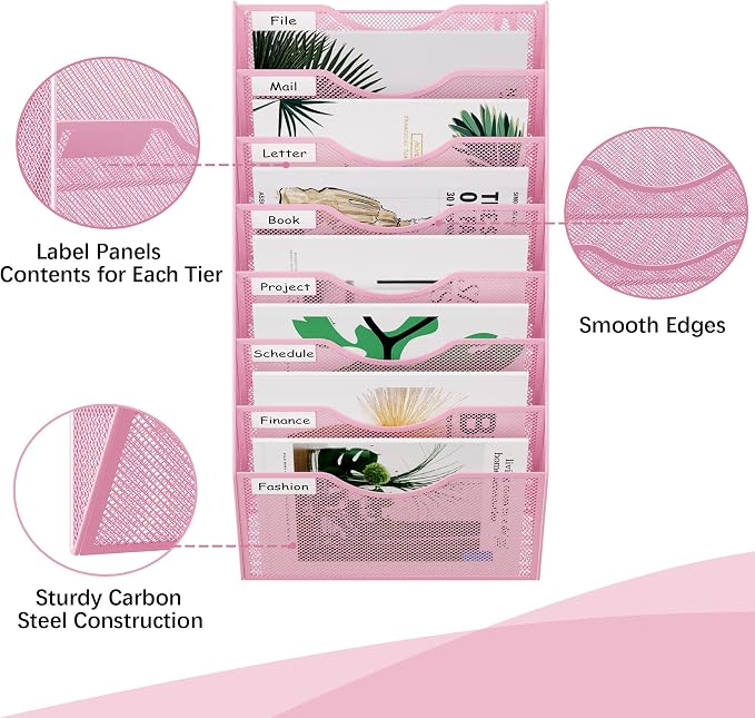 EasyPAG 8 Pocket Mesh Wall File Organizer, Hanging Paper Folder Holder with Classify Label, Vertical Wall Mount Mail Organizer for Office Home Classroom, Pink