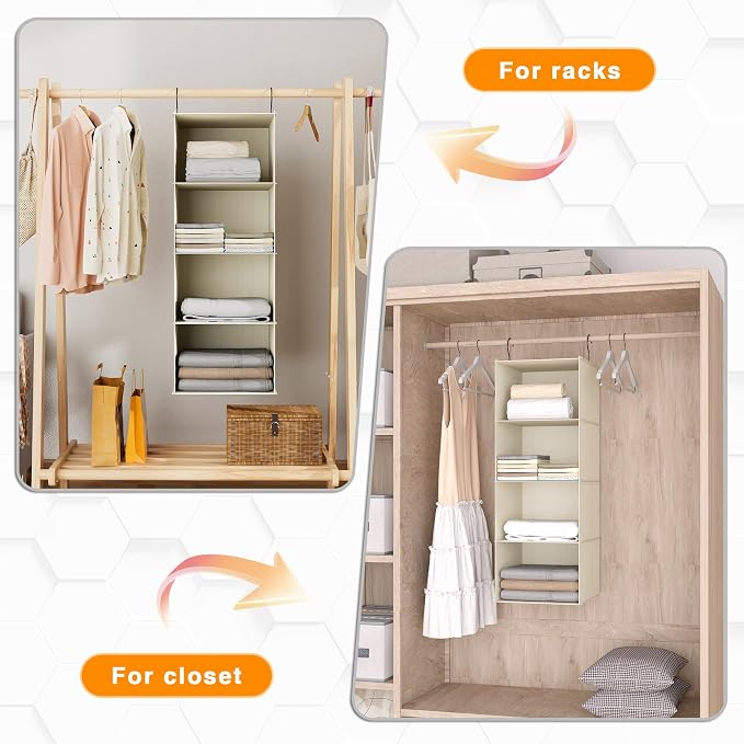 Hanging Closet Organizer 4-Shelf, Oxford Fabric Wardrobe Storage, Beige | Easy-mount foldable design holds clothes, handbags, shoes & accessories; washable Oxford fabric, sturdy and space-saving.