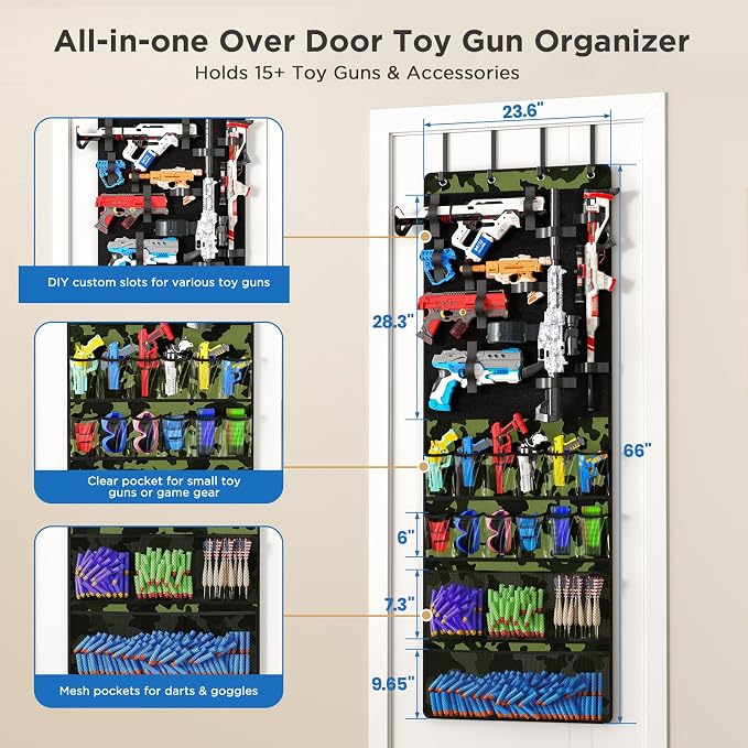 Over the Door Organizer for Toy Guns, Toy Gun Storage Organizer with Pockets and Slots for Kids Foam Blasters, Darts, Goggles, Over Door Toy Storage Hanger for Kids Rooms, Game Rooms, Green