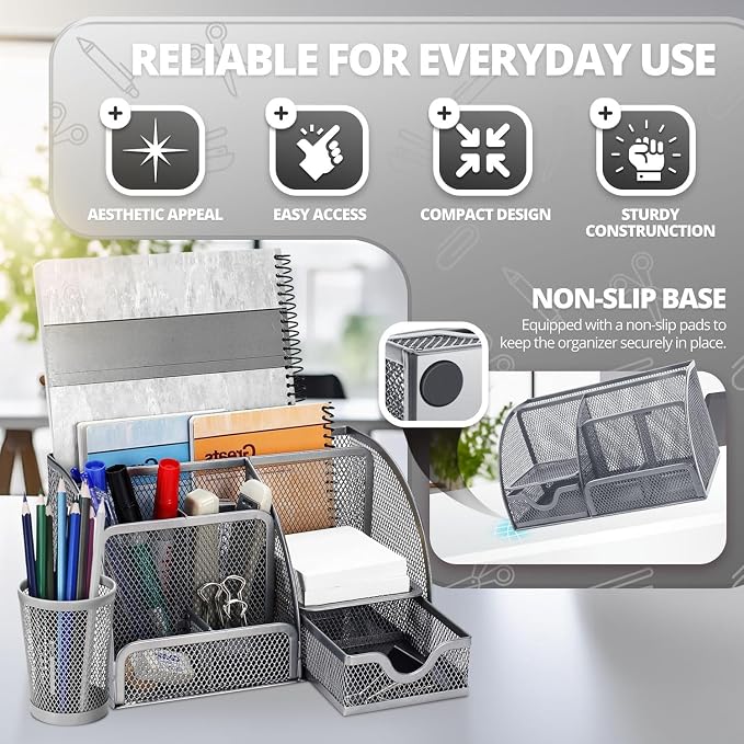 Flexzion Desk Caddy Organizer Set (Silver Gray) - Metal Mesh Desktop Caddy with Drawers, 6 Compartments, and Pencil Holder for Women & Men - Desktop Organizer and Storage for Work or Office Supplies | Compact desktop caddy with separate pen holder; 8.7...