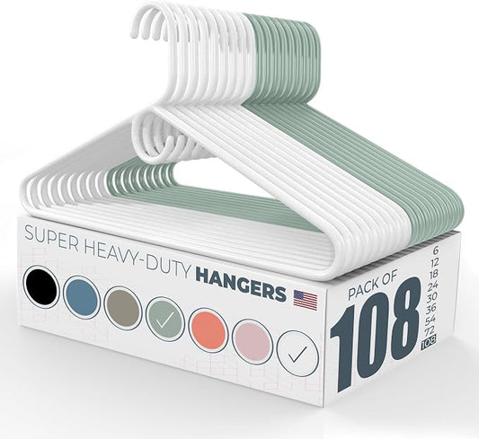 Super Heavy Duty Clothes Hangers 100 Pack (108 Count) – Made in the USA - 10lb Capacity, Thick Plastic Hangers for Pants, Coats, Jackets, Jeans and Adult Clothing – White & Mint