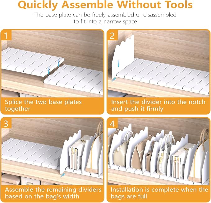 Ronlap Purse Storage Organizer for Closet White Shelf Dividers Rack, 4 Pack | White separators keep handbags, totes, clutches & purses upright & visible on shelves for closet storage and organization